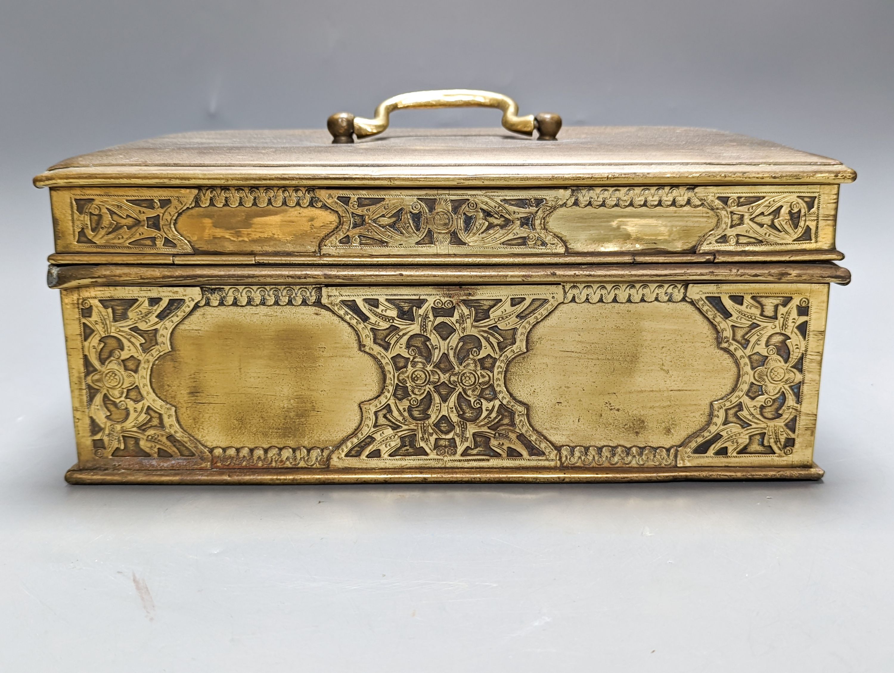 A Middle Eastern engraved brass box 30cm